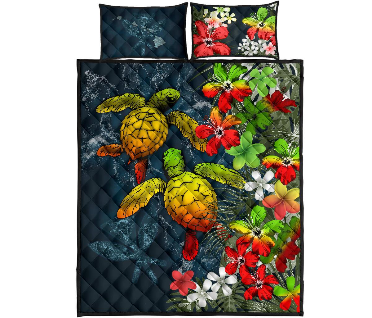 Kanaka Maoli (Hawaiian) Quilt Bed Set - Sea Turtle Tropical Hibiscus And Plumeria Reggae Reggae - Polynesian Pride