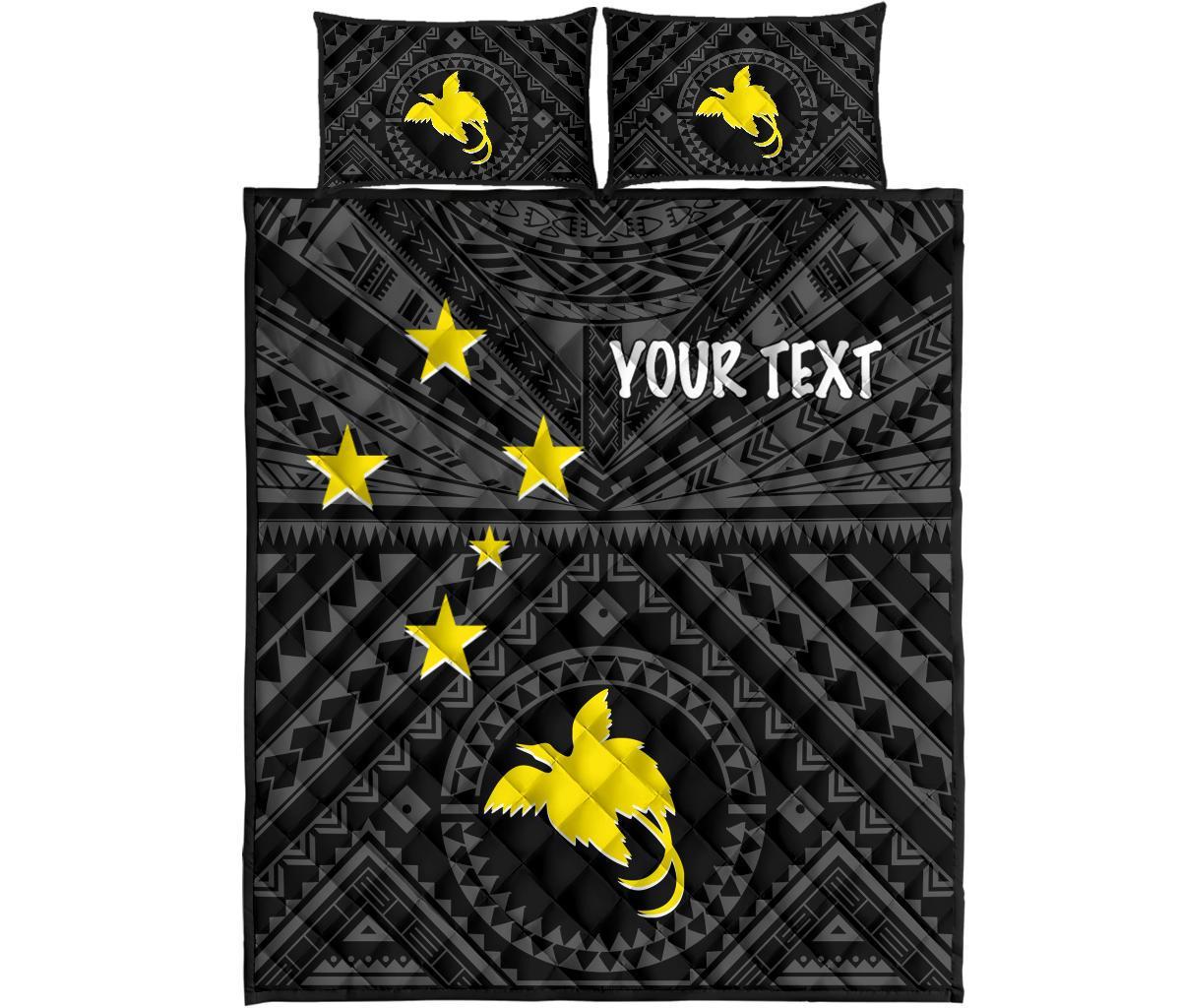 Papua New Guinea Personalised Quilt Bed Set - Flag With Polynesian Patterns (Black) - Polynesian Pride