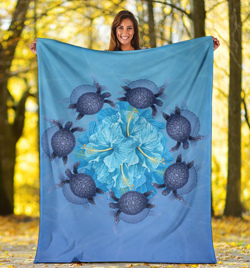Hawaii Turtle Hibiscus Blue Premium Blanket - Polynesian Pride