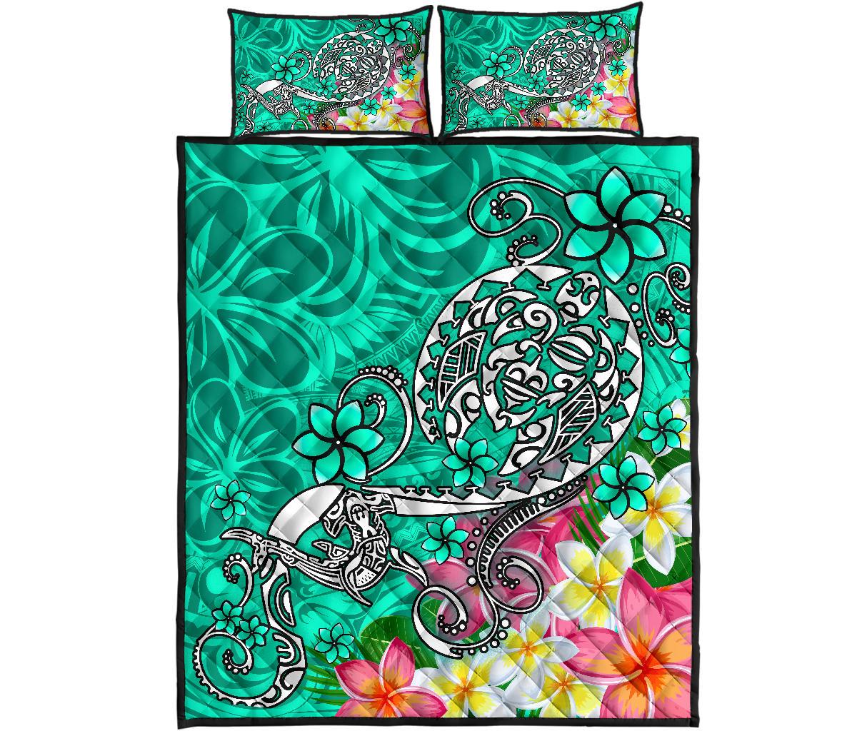 Polynesian Quilt Bed Set - Turtle Plumeria Turquoise Color - Polynesian Pride