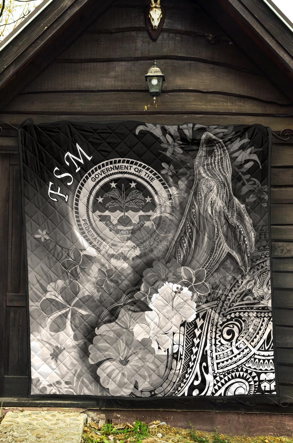 Federated States of Micronesia Premium Quilts - Humpback Whale with Tropical Flowers (White) - Polynesian Pride