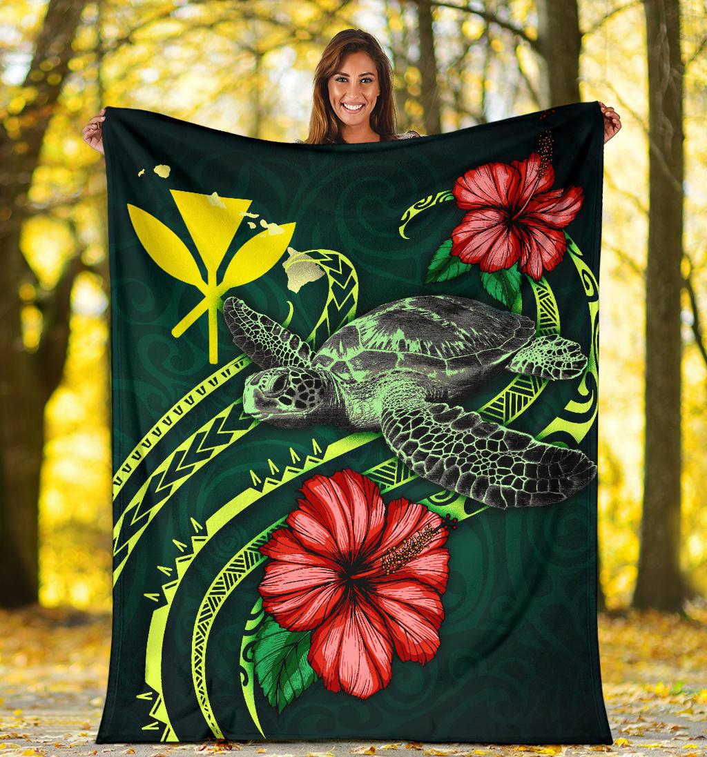 Hawaii Polynesian Premium Blanket - Green Turtle Hibiscus - Polynesian Pride