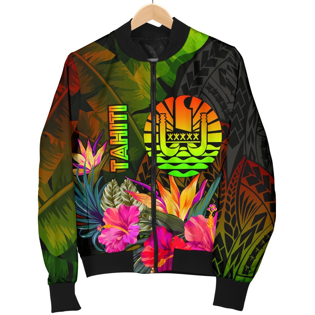 Tahiti Polynesian Men's Bomber Jacket - Hibiscus and Banana Leaves - Polynesian Pride