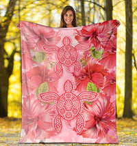 Hawaii Turtle Hibiscus Premium Blanket - Pink Style - Polynesian Pride
