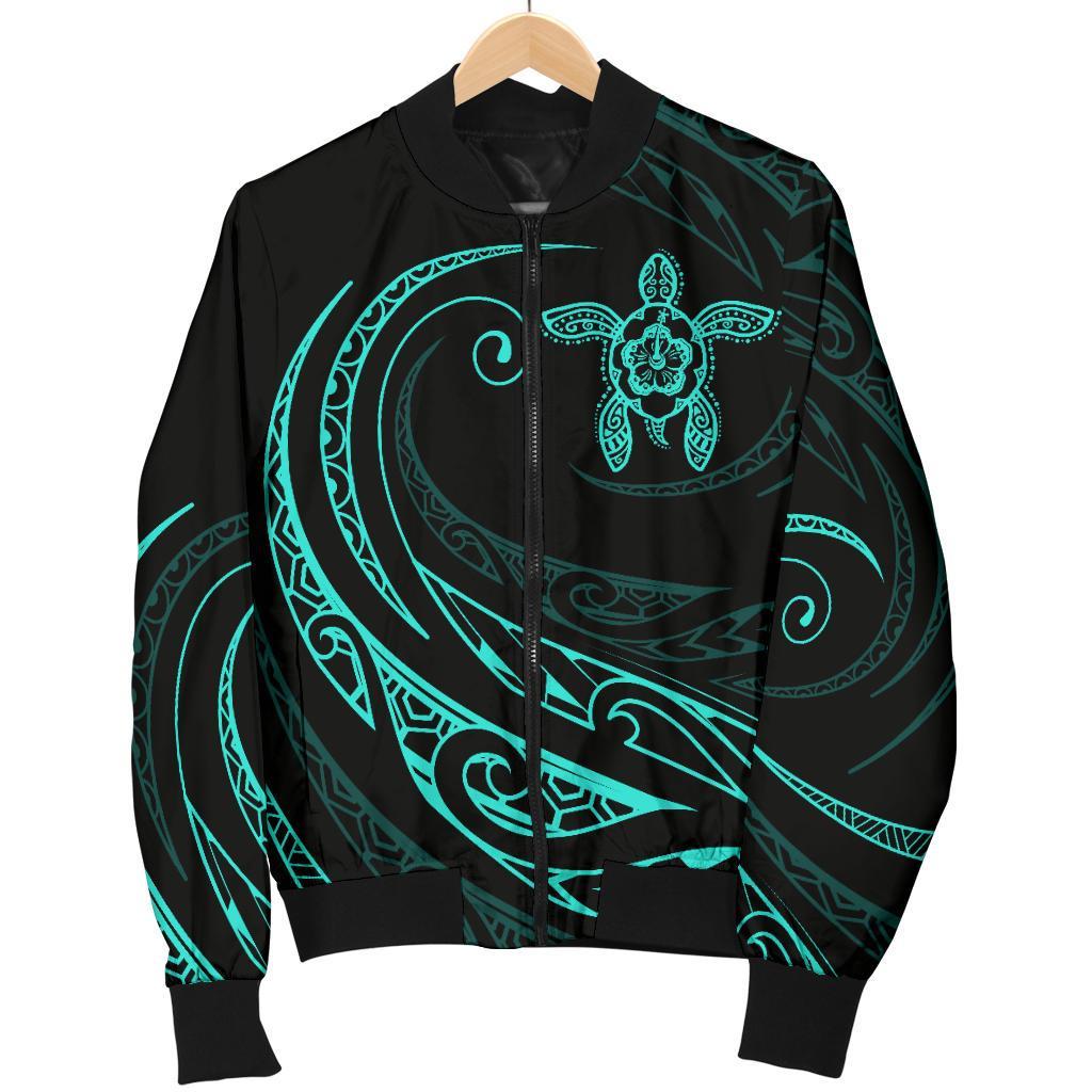 Hawaii Turtle Polynesian Mens Bomber Jacket - Turquoise - Frida Style - Polynesian Pride