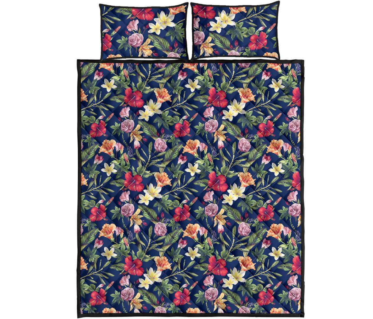 Tropical Hibiscus Red And Plumeria White Quilt Bed Set Art - Polynesian Pride