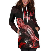 Tonga Polynesian Hoodie Dress - Turtle With Blooming Hibiscus Red - Polynesian Pride