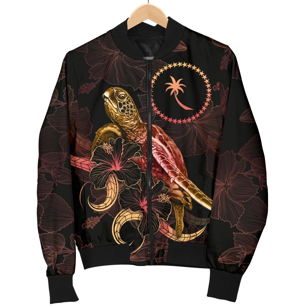 Chuuk Polynesian Men's Bomber Jacket - Turtle With Blooming Hibiscus Gold - Polynesian Pride