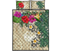 Marquesas Islands Polynesian Quilt Bed Set - Hibiscus Turtle Tattoo Beige - Polynesian Pride