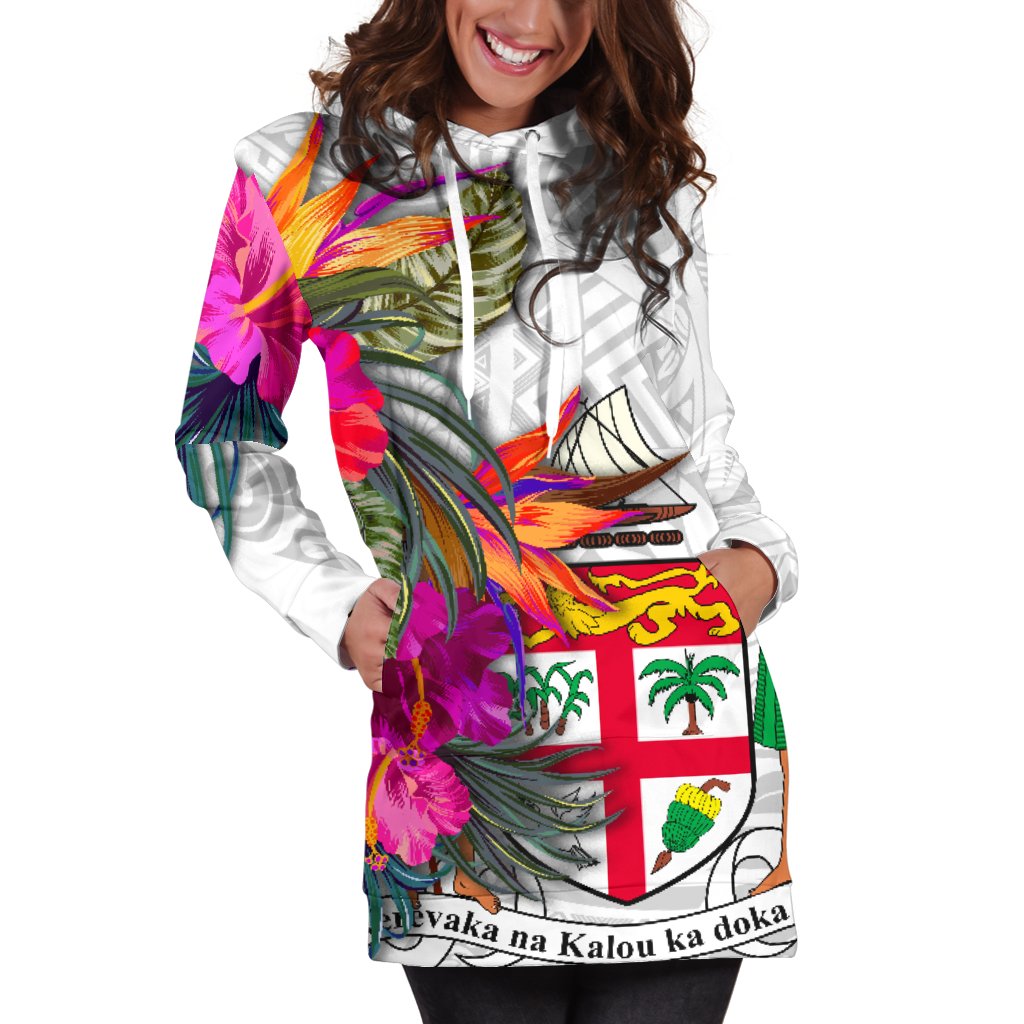 Fiji Polynesian Women's Hoodie Dress - Hibiscus White Pattern - Polynesian Pride