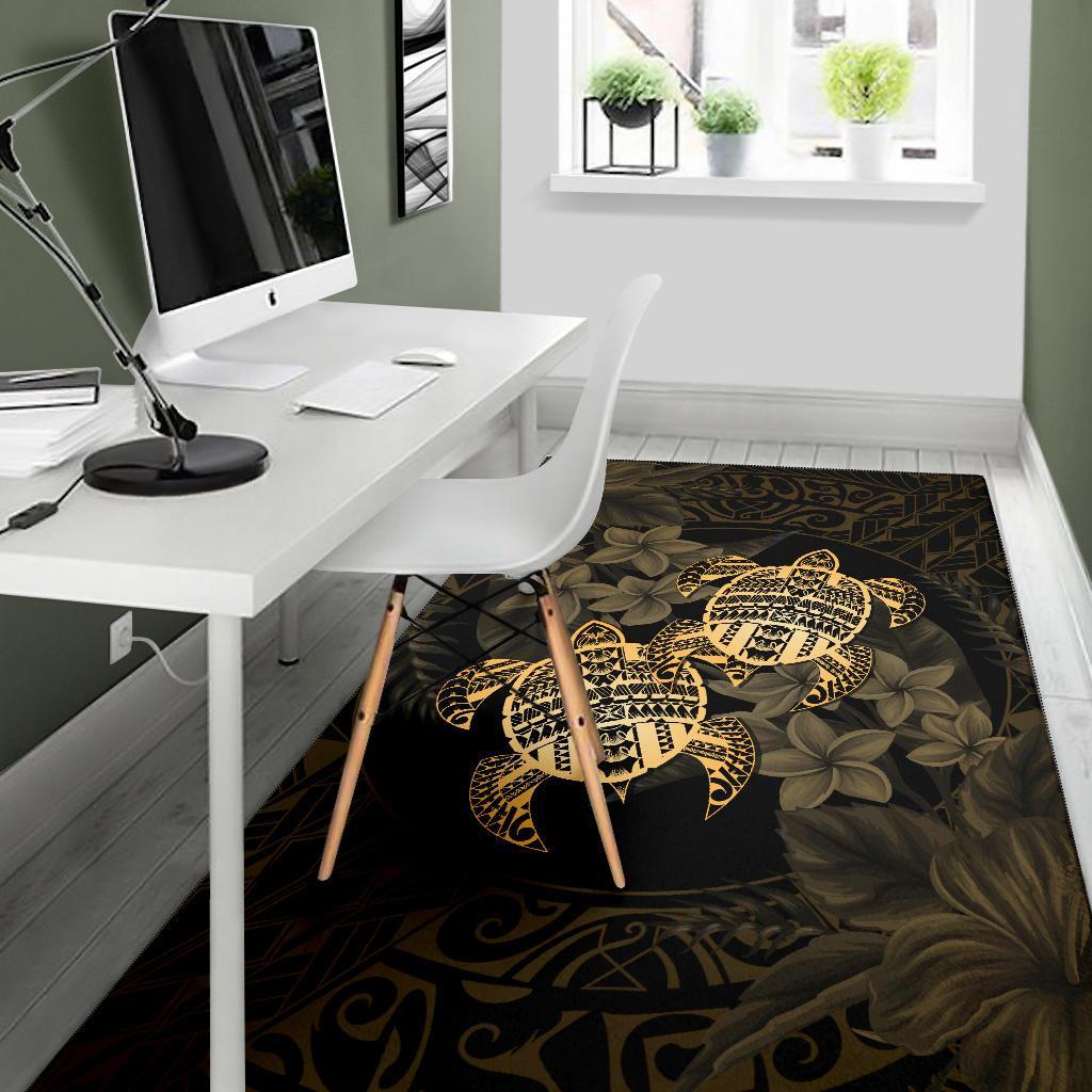 hawaii Rug - Turtle Strong Pattern Hibiscus Plumeria Gold AH - Polynesian Pride