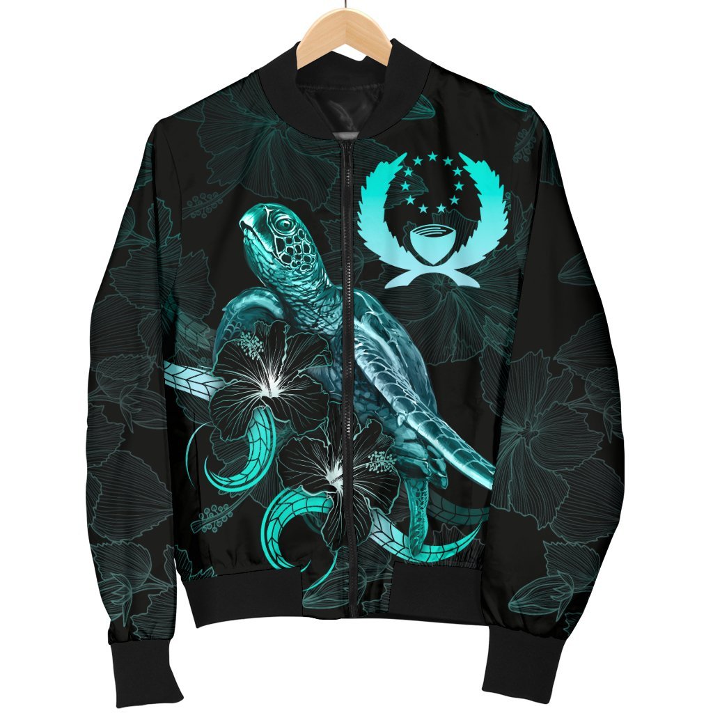 Pohnpei Polynesian Men's Bomber Jacket - Turtle With Blooming Hibiscus Turquoise - Polynesian Pride