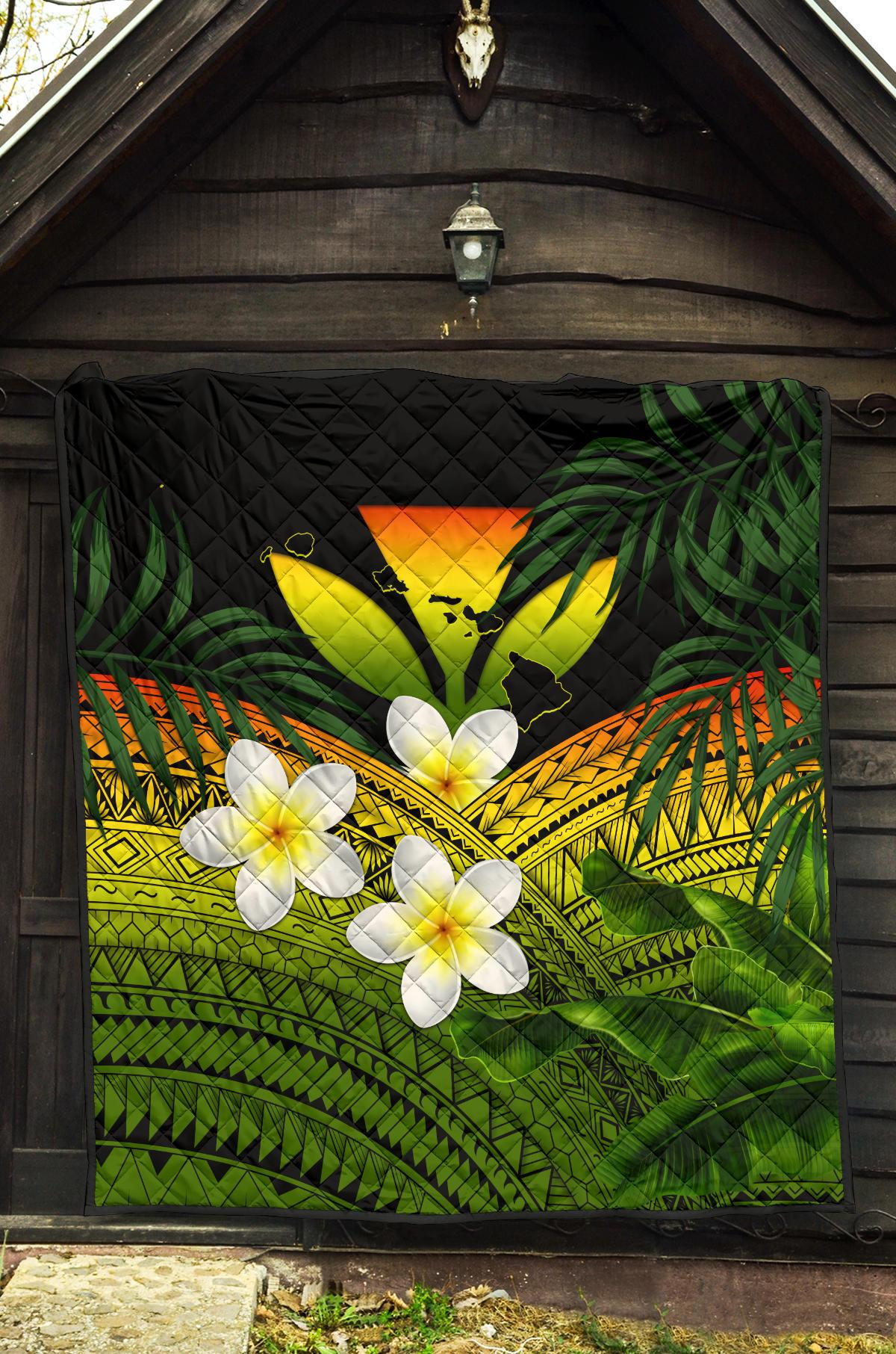 Kanaka Maoli (Hawaiian) Premium Quilt, Polynesian Plumeria Banana Leaves Reggae - Polynesian Pride