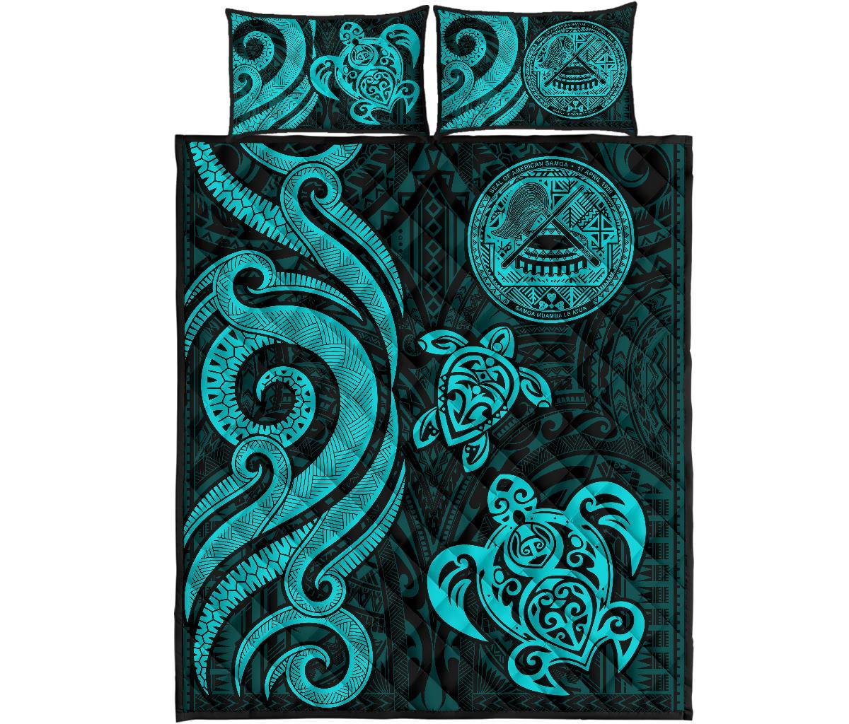American Samoa Quilt Bed Set - Turquoise Tentacle Turtle - Polynesian Pride