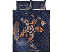 Personalized - Hawaii Kakau Polynesian Turtle Map Quilt Bed Set - Indigo Blue - Polynesian Pride