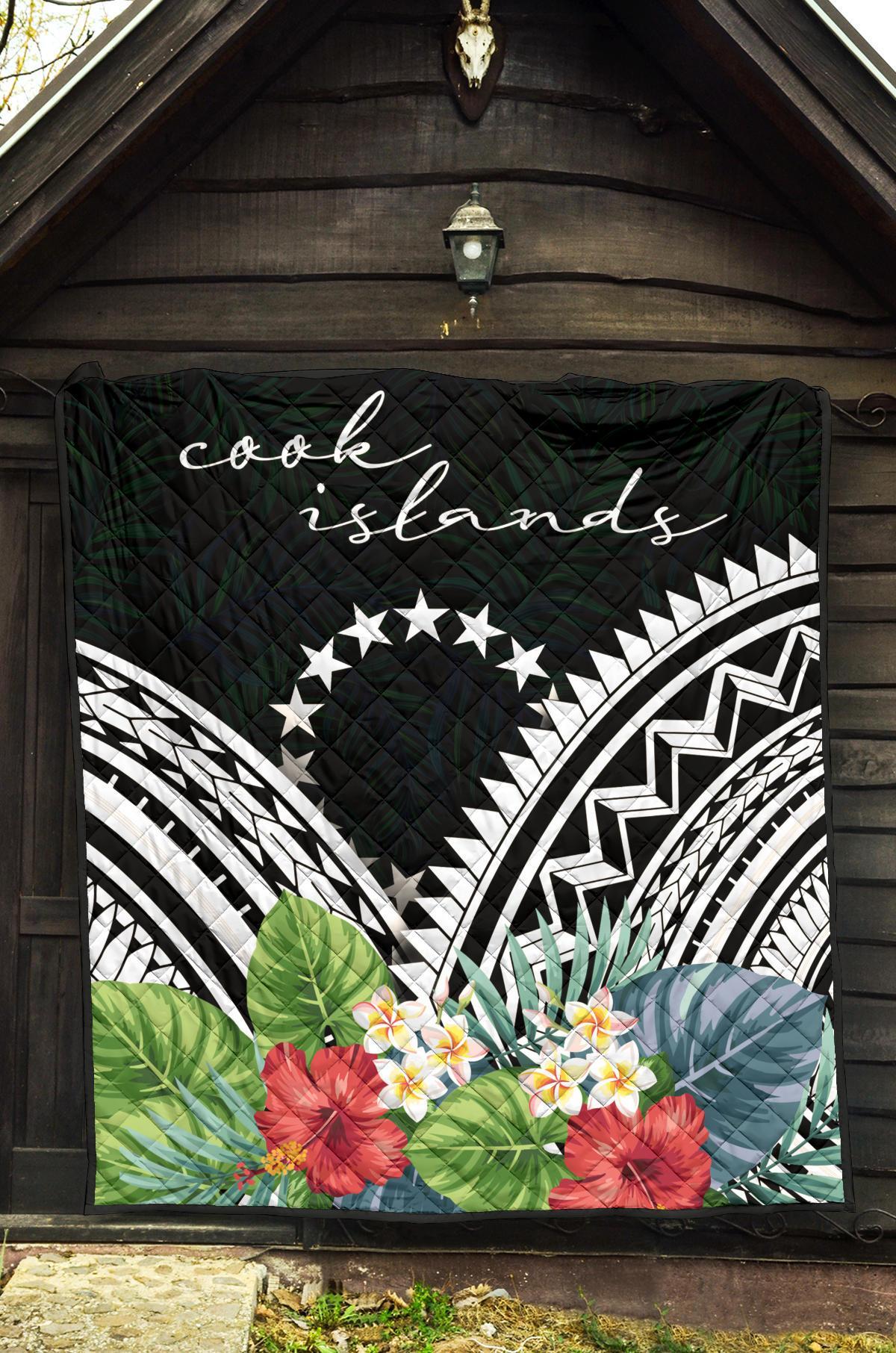 Cook Islands Premium Quilt - Cook Islands Coat of Arms & Polynesian Tropical Flowers White - Polynesian Pride