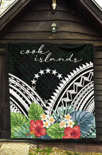 Cook Islands Premium Quilt - Cook Islands Coat of Arms & Polynesian Tropical Flowers White - Polynesian Pride