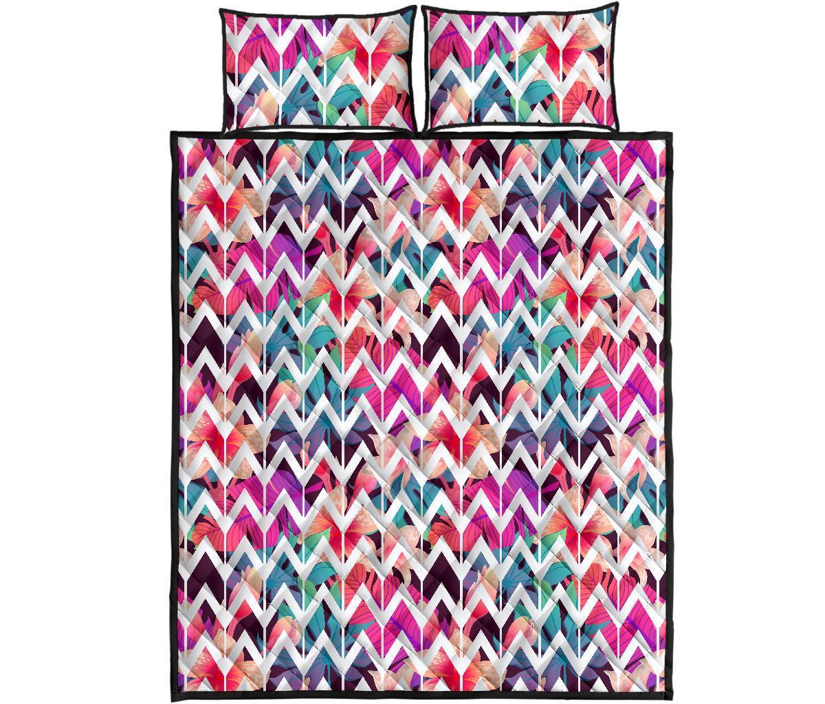 Hawaii Quilt Bed Set Palm Foliage On Striped Zigzag AH - Polynesian Pride