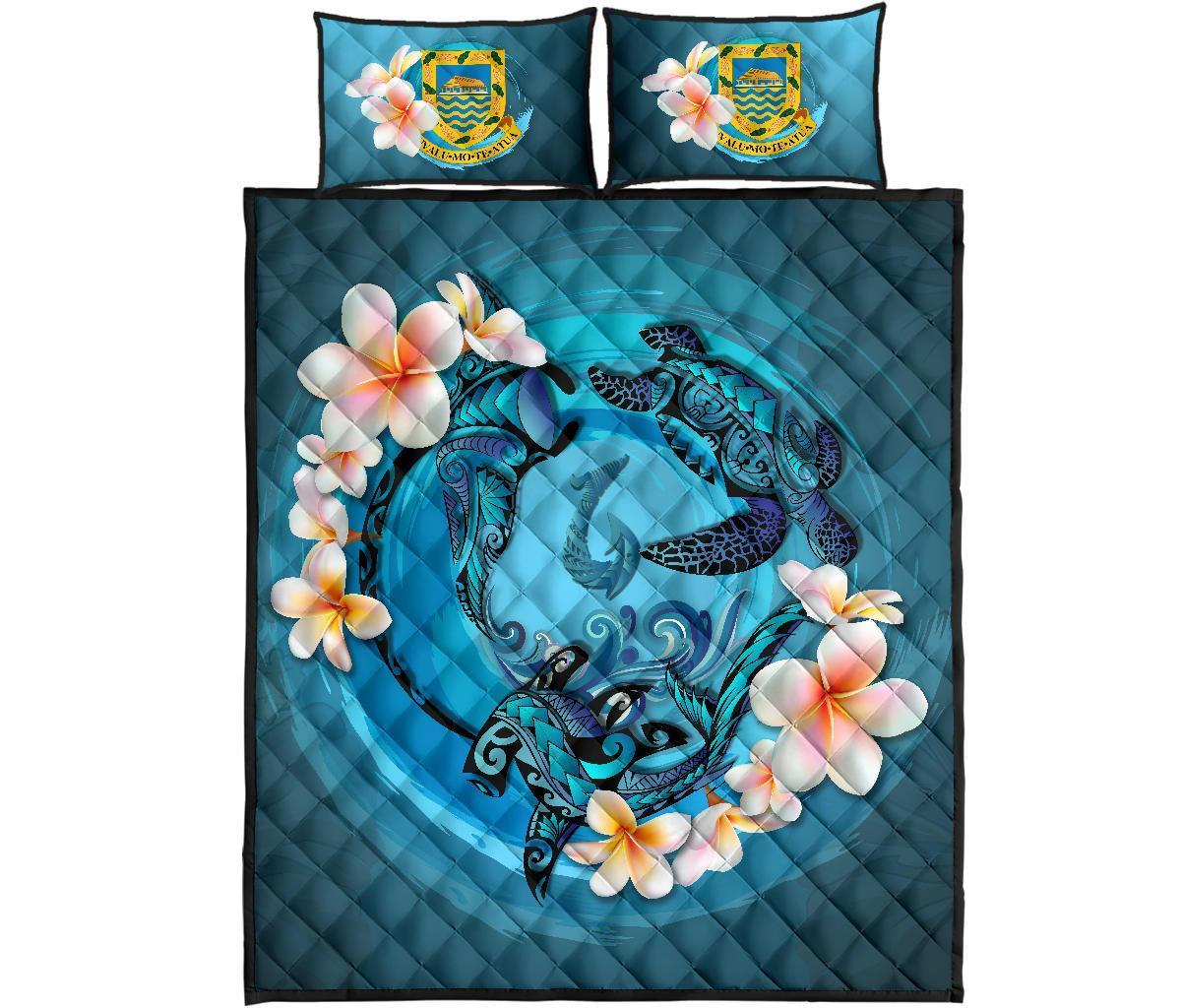 Tuvalu Polynesian Quilt Bed Set - Blue Plumeria Animal Tattoo - Polynesian Pride