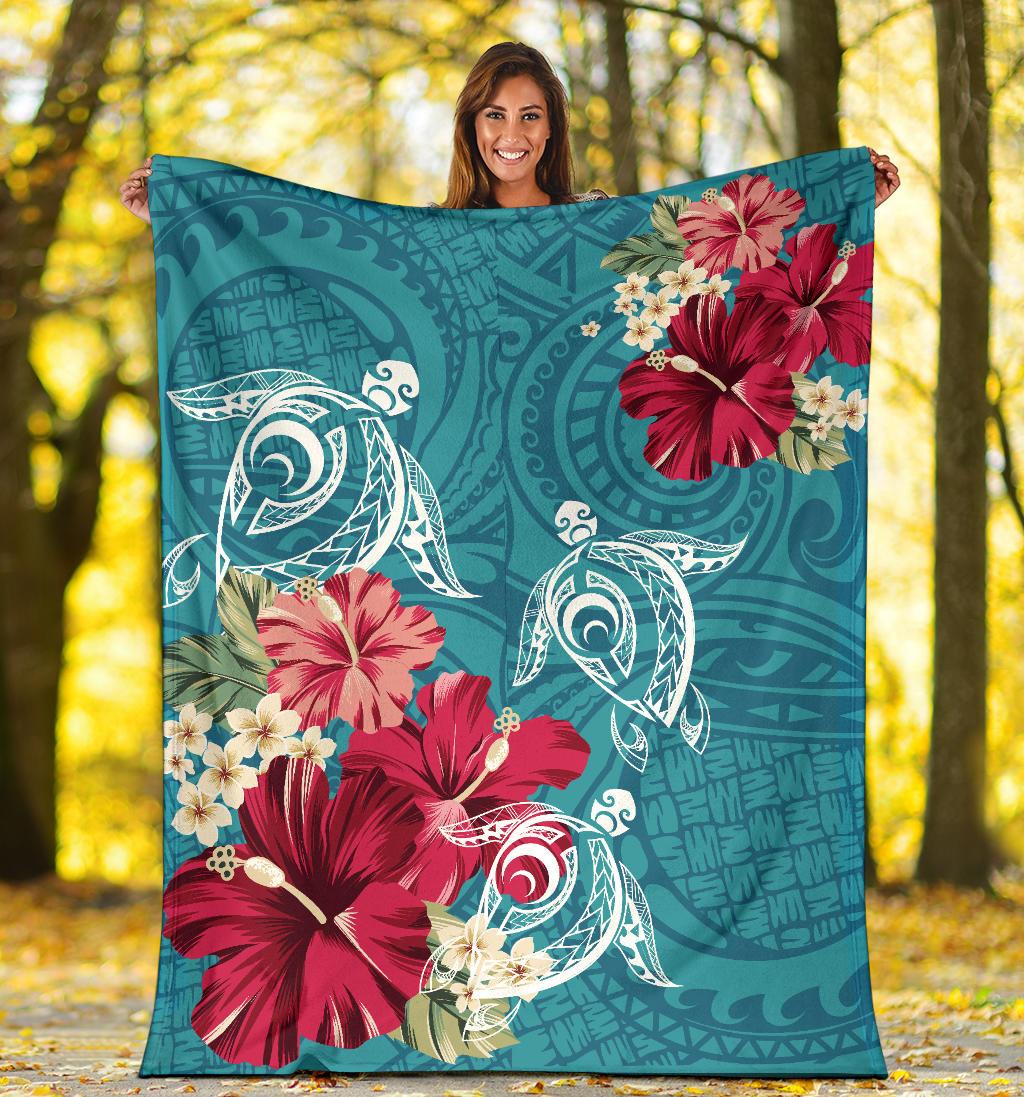 Hawaii Turtle Hibiscus Plumeria Blue Polynesian - Premium Blanket AH - Polynesian Pride