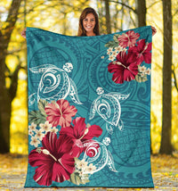 Hawaii Turtle Hibiscus Plumeria Blue Polynesian - Premium Blanket AH - Polynesian Pride