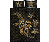 Kanaka Map Hibiscus Plumeria Turtle Art Gold Polynesian Quilt Bed Set Gold - Polynesian Pride