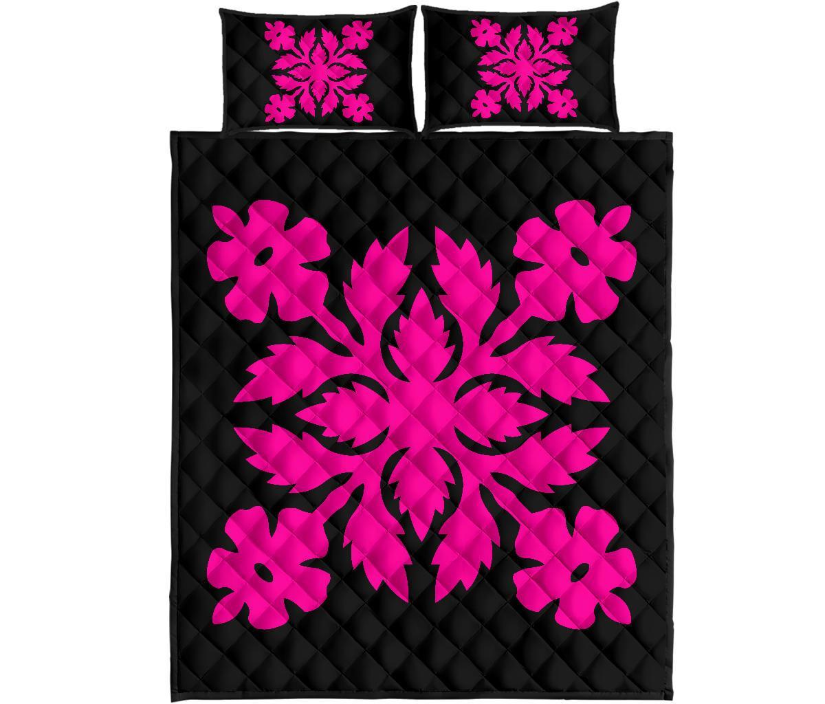 Hawaiian Quilt Bed Set Royal Pattern - Black And Pink - B2 Style - Polynesian Pride