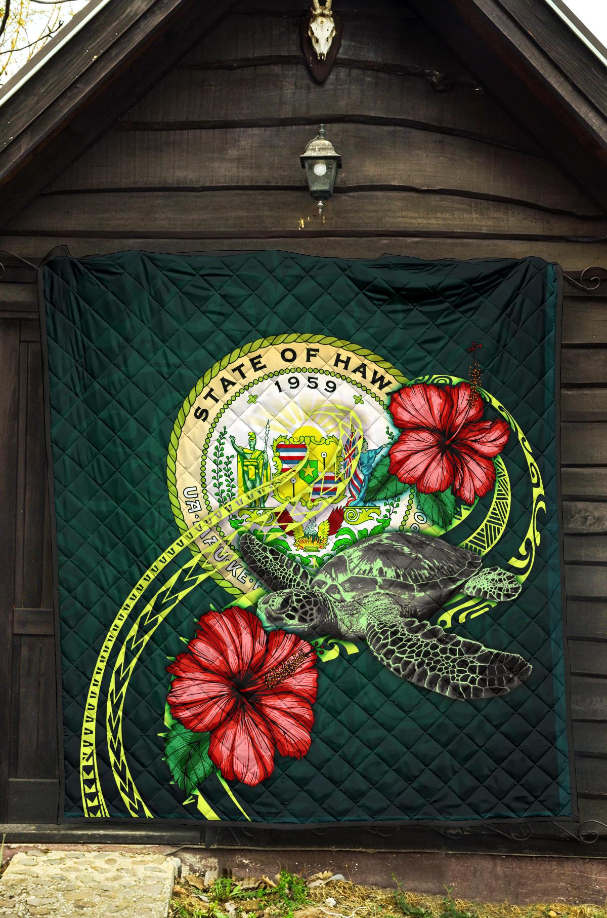 Hawaii Polynesian Premium Quilt - Green Turtle Hibiscus - Polynesian Pride