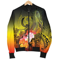 Pohnpei Men's Bomber Jacket - Humpback Whale with Tropical Flowers (Yellow) - Polynesian Pride