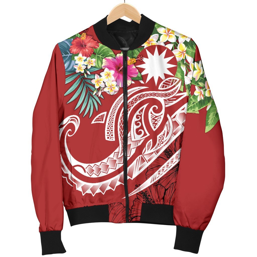 Nauru Polynesian Men's Bomber Jacket - Summer Plumeria (Red) - Polynesian Pride