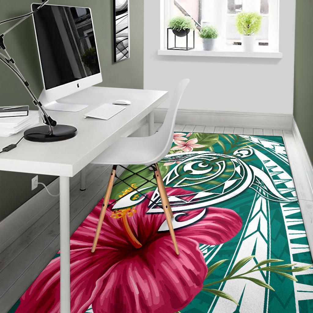 Hawaii Polynesian Turtle Tropical Hibiscus Plumeria Rug - Turquoise - Polynesian Pride