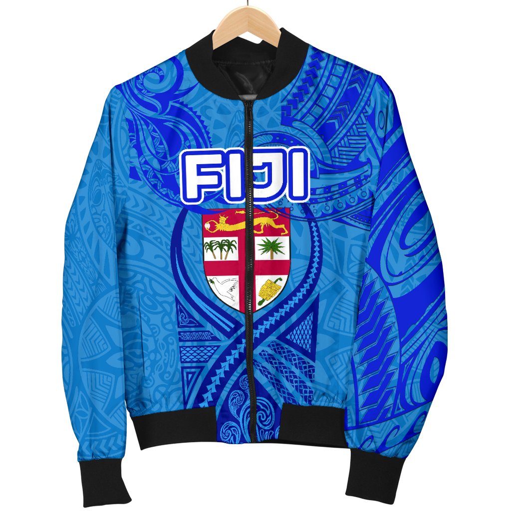 Blue Men Bomber Jacket Fiji Rugby Polynesian Waves Style - Polynesian Pride