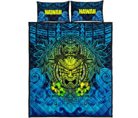 Hawaii Polynesian Quilt Bed Set - Hawaiian Green Yellow Tiki Face Blue Version - Polynesian Pride