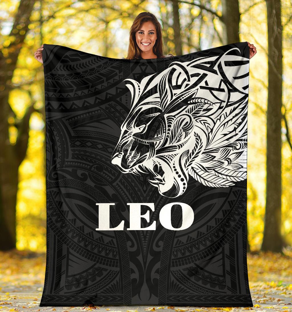 Sun In Leo Zodiac Premium Blanket Polynesian Tattoo Simple - White - Polynesian Pride