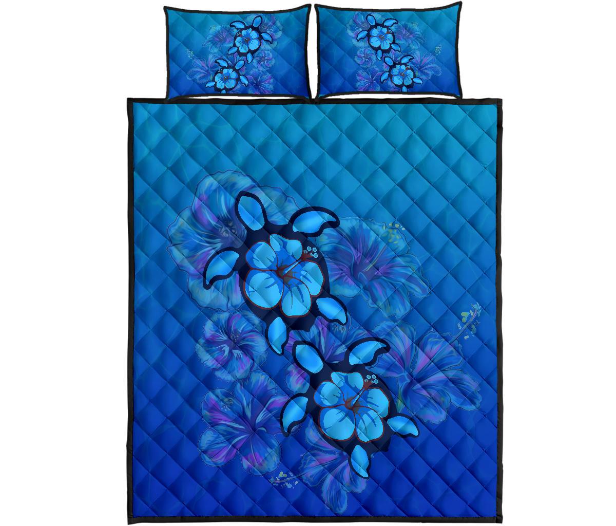 Turtle Hibiscus Ocean Quilt Bed Set Blue - Polynesian Pride