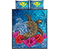 Hawaii Sea Turtle Hibiscus Coconut Tree Quilt Bed Set Blue - Polynesian Pride