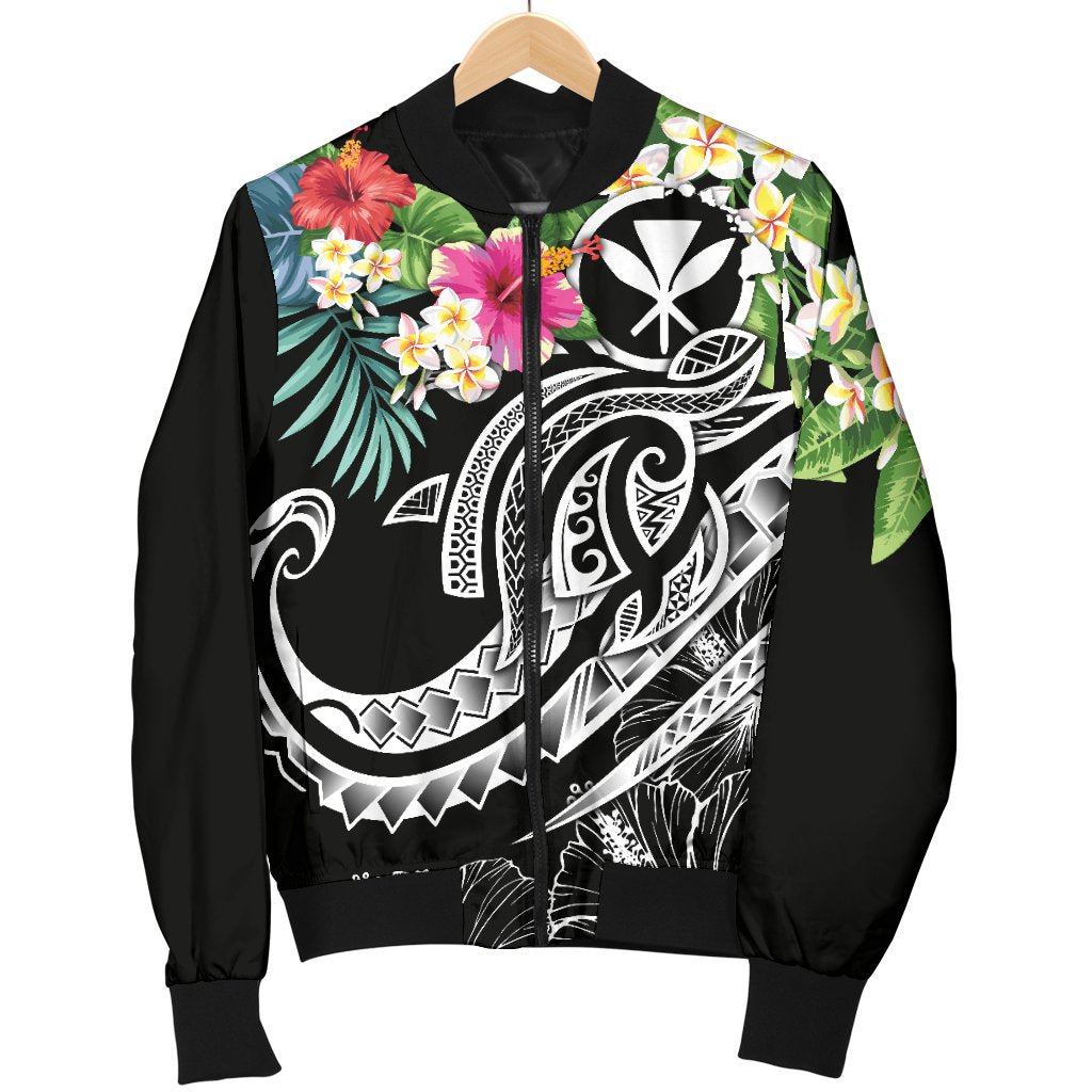 Polynesian Hawaii Kanaka Maoli Men's Bomber Jacket - Summer Plumeria (Black) - Polynesian Pride