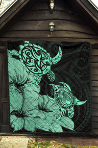 Hawaii Turtle Premium Quilt Polynesian Hibiscus Art Turquoise AH - Polynesian Pride