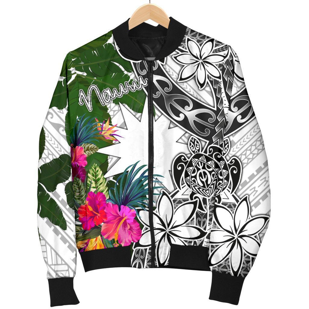 Nauru Men's Bomber Jacket White - Turtle Plumeria Banana Leaf - Polynesian Pride