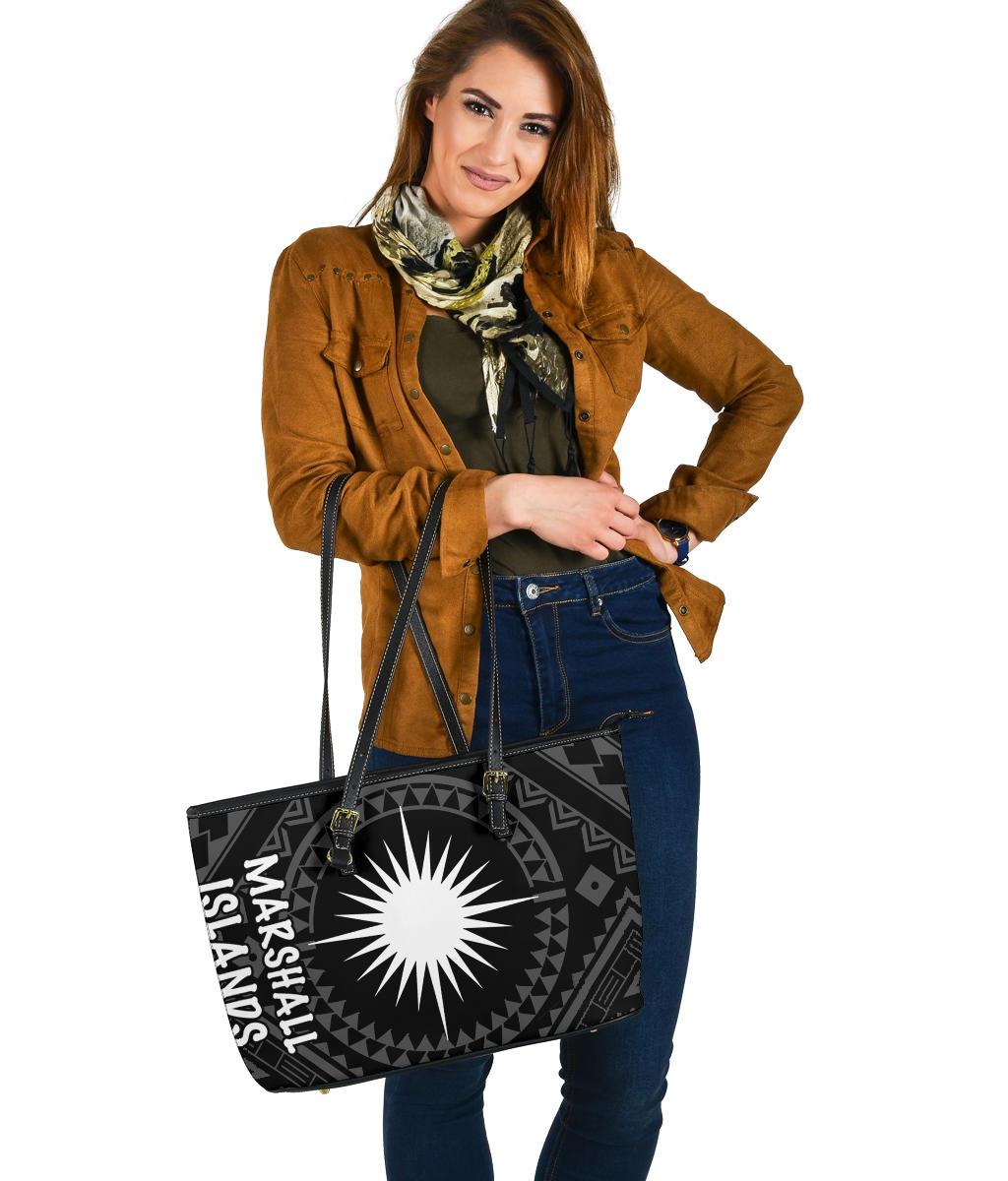 Marshall Large Leather Tote Bag - Marshall Seal With Polynesian Tattoo Style ( Black) - Polynesian Pride