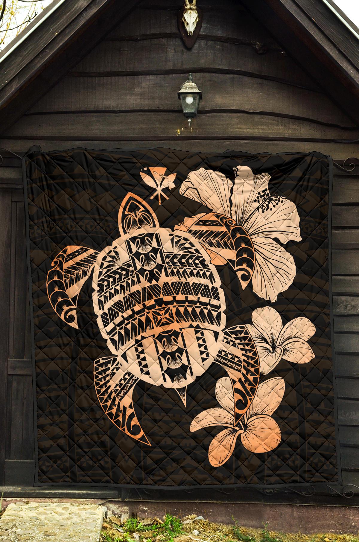 Hawaiian Kanaka Hibiscus Plumeria Mix Polynesian Turtle Premium Quilt Orange AH - Polynesian Pride
