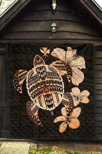 Hawaiian Kanaka Hibiscus Plumeria Mix Polynesian Turtle Premium Quilt Orange AH - Polynesian Pride