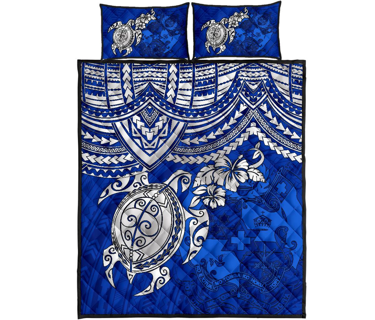 Tonga Polynesian Quilt Bed Set - Tonga Coat Of Arms & Blue Turtle Hibiscus - Polynesian Pride