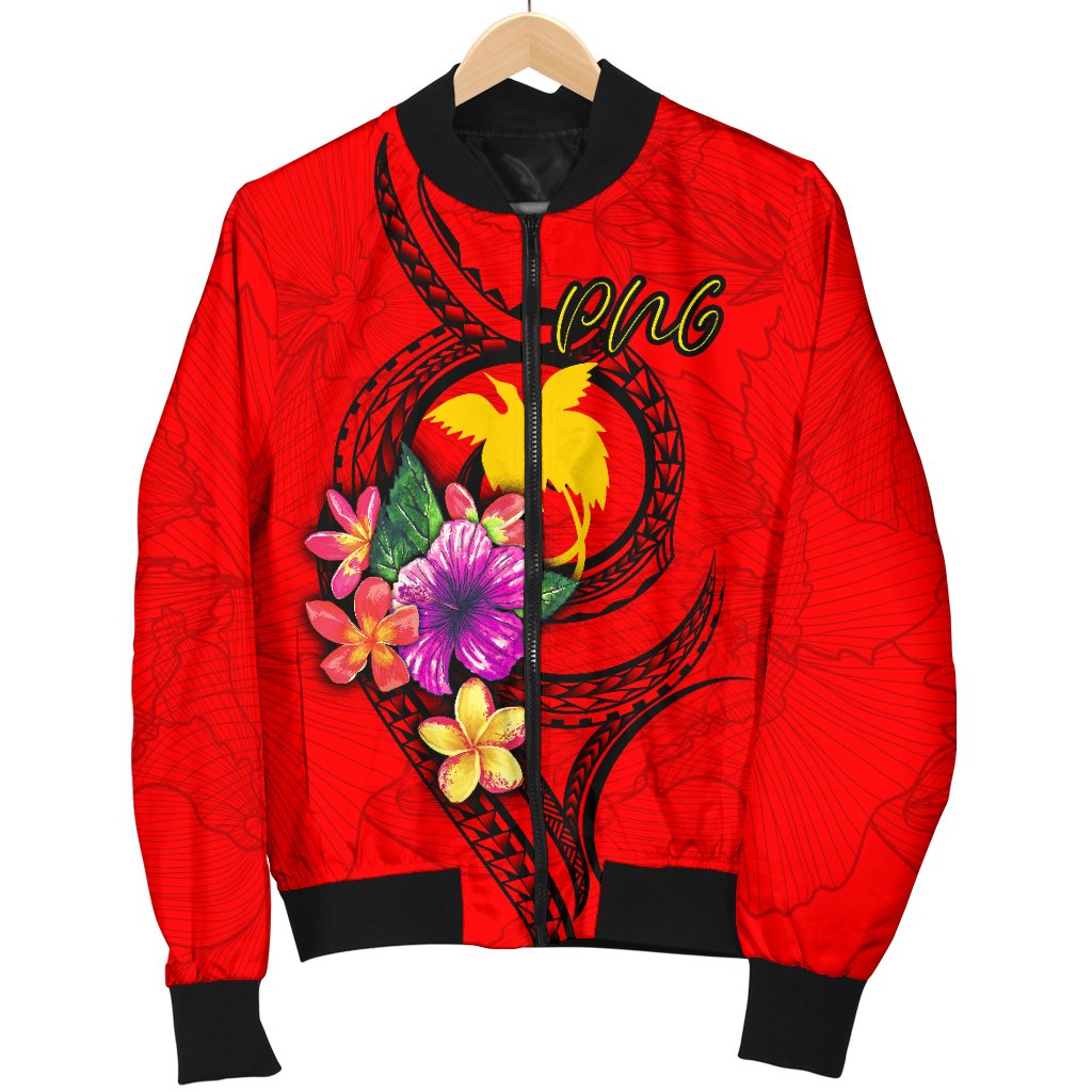 Papua New Guinea Polynesian Men's Bomber Jacket - Floral With Seal Red - Polynesian Pride