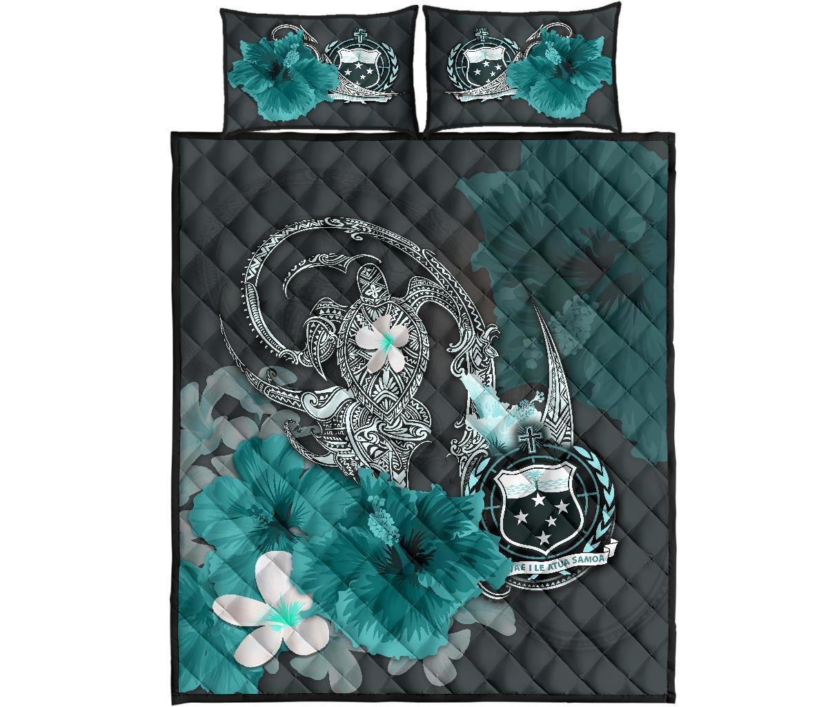 Samoa Quilt Bed Set - Hibiscus Turtle Tribal Turquoise Turquoise - Polynesian Pride