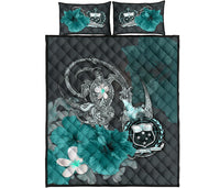Samoa Quilt Bed Set - Hibiscus Turtle Tribal Turquoise Turquoise - Polynesian Pride