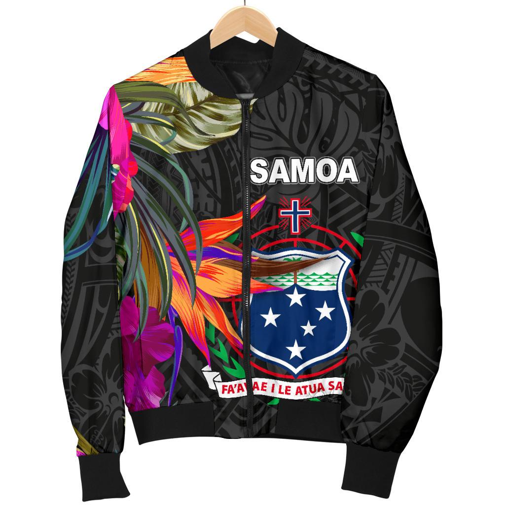 Samoa Men's Bomber Jacket - Polynesian Hibiscus Pattern Black - Polynesian Pride