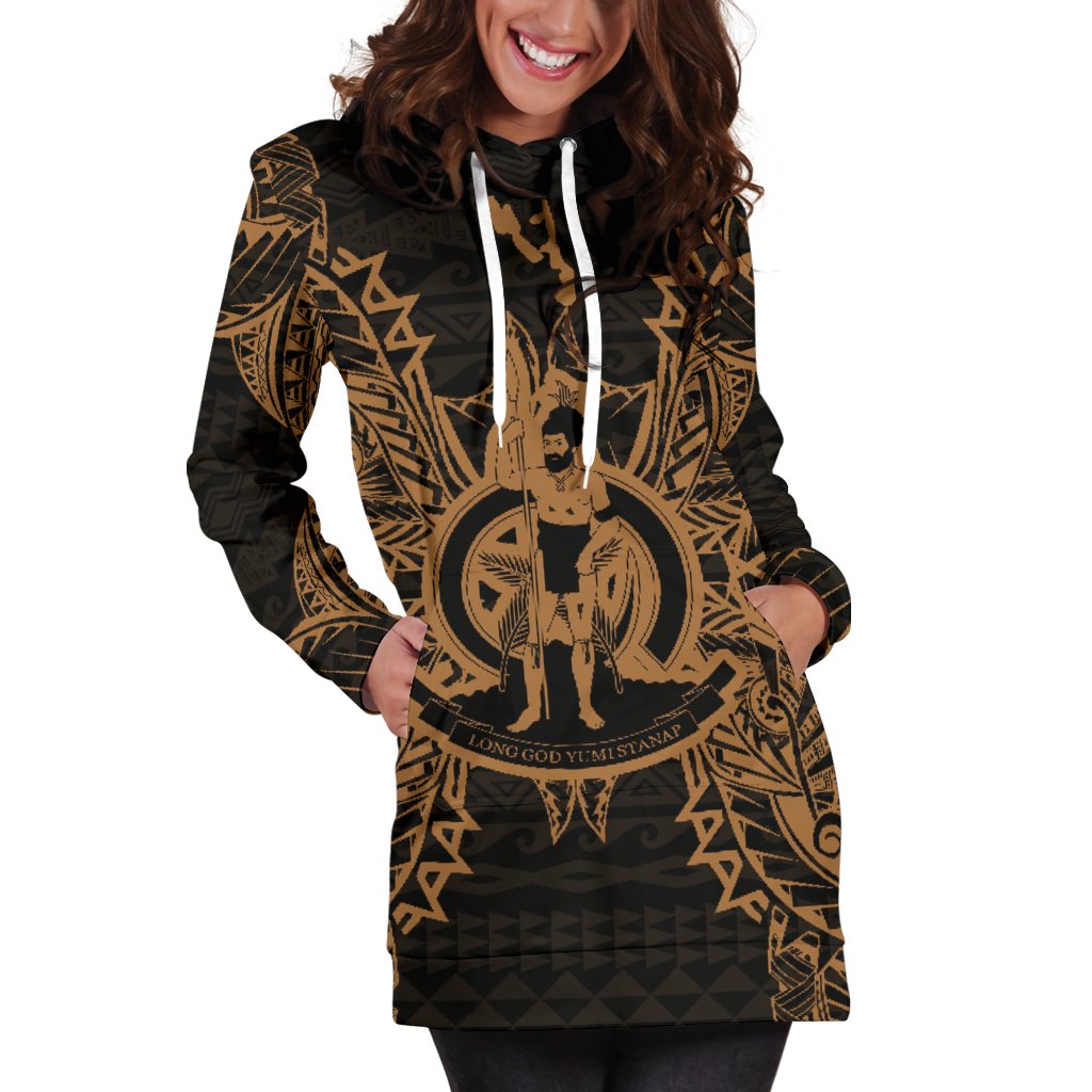 Vanuatu Polynesian Hoodie Dress Map Gold - Polynesian Pride