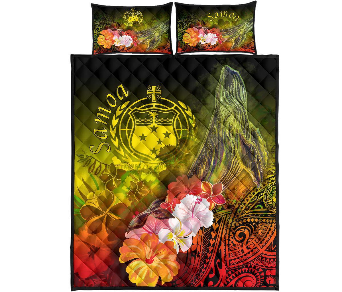 Samoa Quilt Bed Set - Humpback Whale with Tropical Flowers (Yellow) - Polynesian Pride