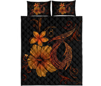 Hawaii Fish Hook Kanaka Map Hibiscus Poly Quilt Bed Set - Orange Orange - Polynesian Pride